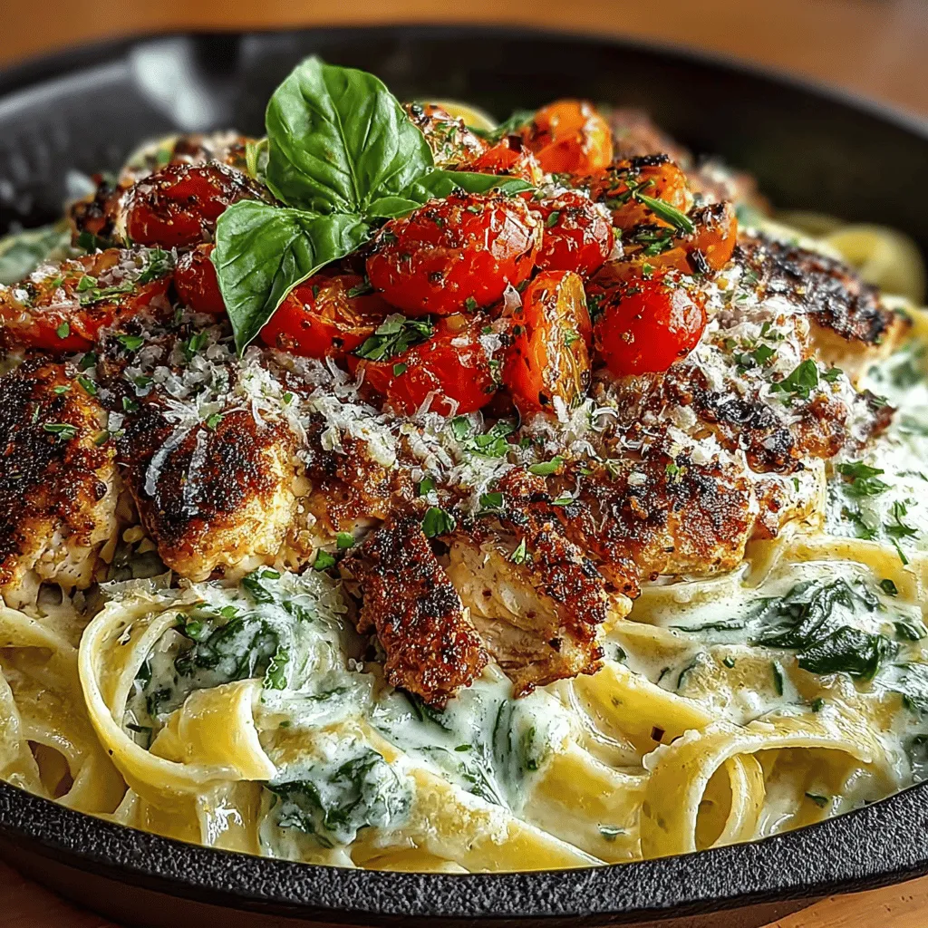 - 8 oz fettuccine or spaghetti - 1 lb boneless, skinless chicken breasts - 2 tablespoons olive oil - 3 cloves garlic, minced - 1 small onion, diced - 2 cups fresh spinach - 1 cup cherry tomatoes, halved - 1 cup heavy cream - 1 cup grated Parmesan cheese - Salt and pepper to taste - Fresh basil for garnish (optional)