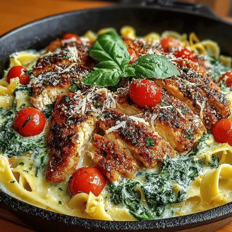 - 8 oz fettuccine or spaghetti - 1 lb boneless, skinless chicken breasts - 2 tablespoons olive oil - 3 cloves garlic, minced - 1 small onion, diced - 2 cups fresh spinach - 1 cup cherry tomatoes, halved - 1 cup heavy cream - 1 cup grated Parmesan cheese - Salt and pepper to taste - Fresh basil for garnish (optional)