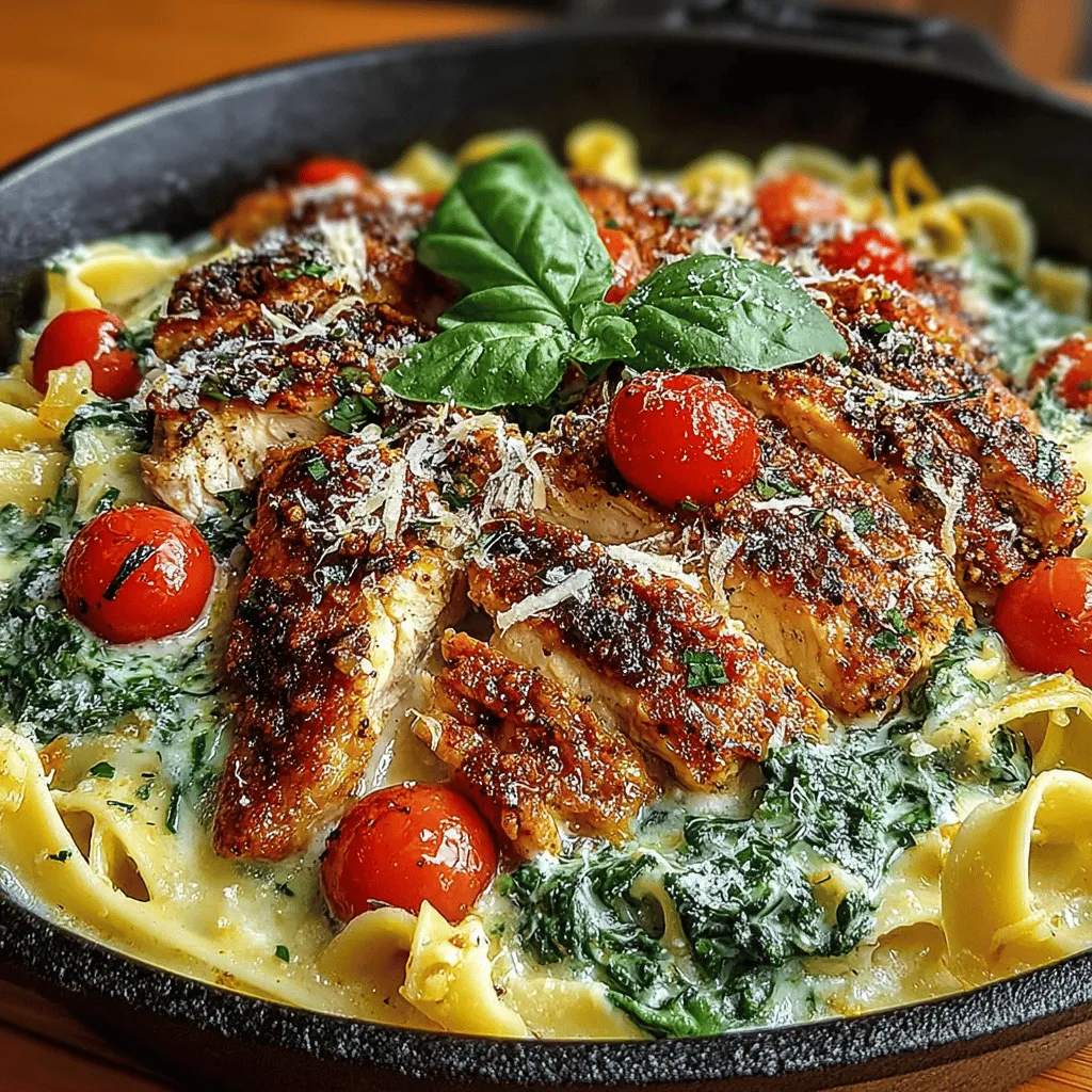 - 8 oz fettuccine or spaghetti - 1 lb boneless, skinless chicken breasts - 2 tablespoons olive oil - 3 cloves garlic, minced - 1 small onion, diced - 2 cups fresh spinach - 1 cup cherry tomatoes, halved - 1 cup heavy cream - 1 cup grated Parmesan cheese - Salt and pepper to taste - Fresh basil for garnish (optional)