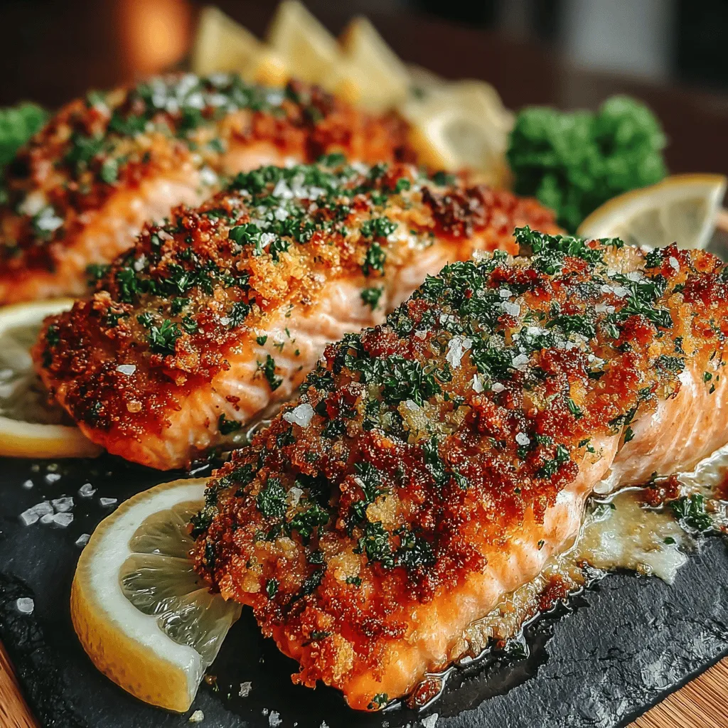 - 4 salmon fillets - 1 cup panko breadcrumbs - 1/2 cup grated Parmesan cheese - 3 cloves garlic, minced - 2 tablespoons fresh parsley, chopped - 3 tablespoons olive oil - Salt and pepper to taste - Lemon wedges for serving (optional)