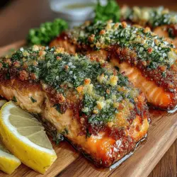 - 4 salmon fillets - 1 cup panko breadcrumbs - 1/2 cup grated Parmesan cheese - 3 cloves garlic, minced - 2 tablespoons fresh parsley, chopped - 3 tablespoons olive oil - Salt and pepper to taste - Lemon wedges for serving (optional)