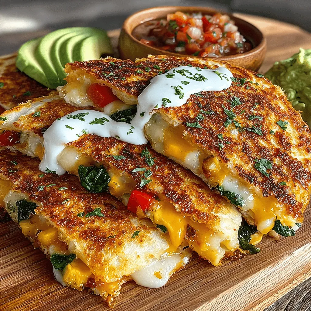 - 4 large flour tortillas - 1 cup shredded mozzarella cheese - 1 cup shredded cheddar cheese - 1 bell pepper (any color), diced - 1 small zucchini, diced - 1 cup fresh spinach, roughly chopped - 1 teaspoon ground cumin - 1 teaspoon smoked paprika - Salt and pepper to taste - 2 tablespoons olive oil - Optional: Fresh cilantro for garnish
