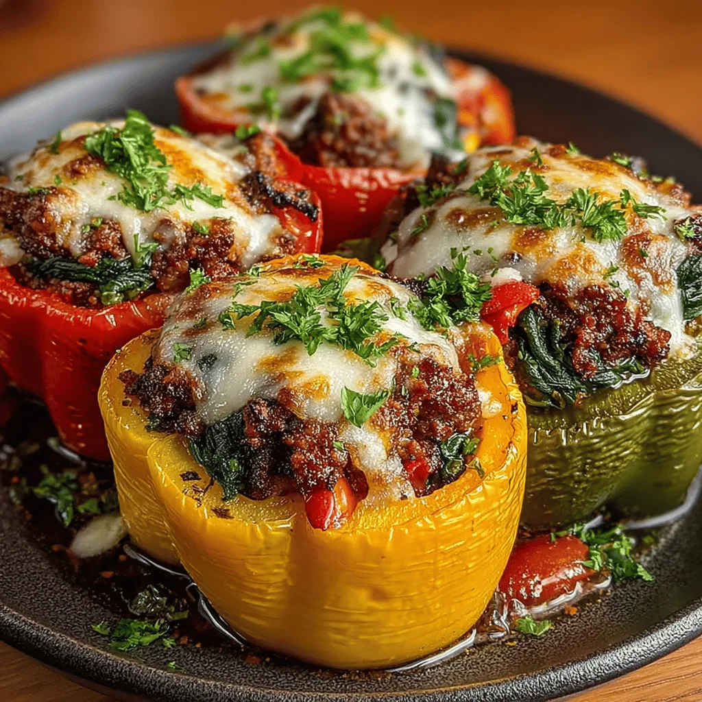 - 4 large bell peppers (any color) - 1 pound ground turkey - 2 cups fresh spinach, chopped - 1 cup cooked quinoa or rice - 1 medium onion, diced - 2 cloves garlic, minced - 1 can (14.5 oz) diced tomatoes, drained - 1 teaspoon Italian seasoning - Salt and pepper to taste - 1 cup shredded cheese (optional) - Olive oil for cooking