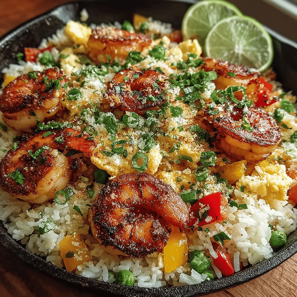 - 1 pound large shrimp, peeled and deveined - 3 cups cooked jasmine rice (preferably day-old) - 1 cup bell peppers, diced (mixed colors for visual appeal) - 1 cup peas and carrots (fresh or frozen) - 2 tablespoons soy sauce - 1 tablespoon oyster sauce - 1 tablespoon sesame oil - 2 cloves garlic, minced - 1 small onion, diced - 2 tablespoons vegetable oil (for frying) - Salt and pepper to taste - Green onions, sliced (for garnish)
