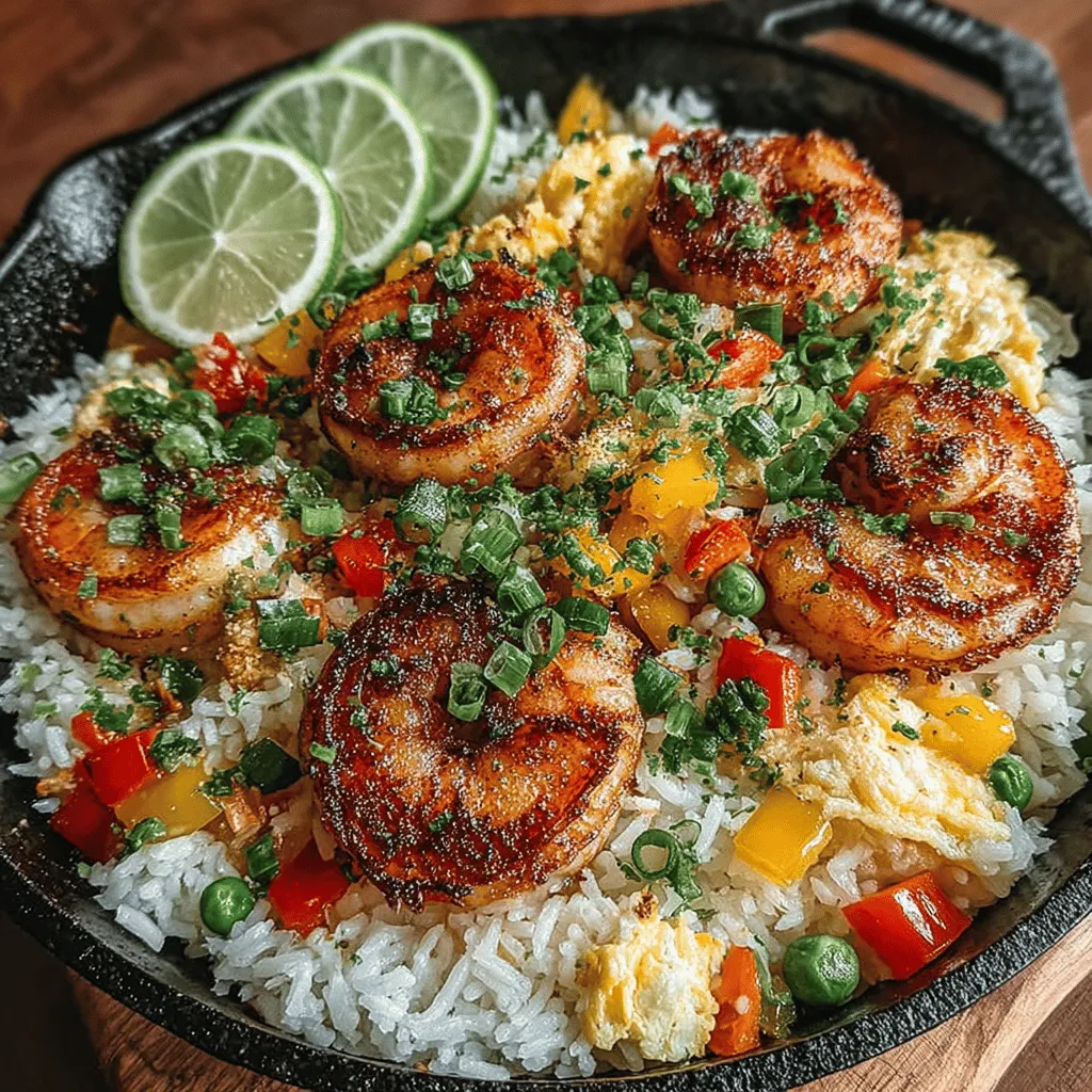 - 1 pound large shrimp, peeled and deveined - 3 cups cooked jasmine rice (preferably day-old) - 1 cup bell peppers, diced (mixed colors for visual appeal) - 1 cup peas and carrots (fresh or frozen) - 2 tablespoons soy sauce - 1 tablespoon oyster sauce - 1 tablespoon sesame oil - 2 cloves garlic, minced - 1 small onion, diced - 2 tablespoons vegetable oil (for frying) - Salt and pepper to taste - Green onions, sliced (for garnish)