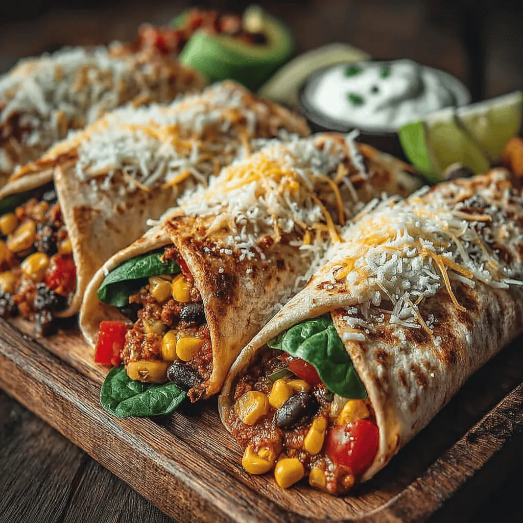 - 4 whole wheat tortillas - 1 can (15 oz) black beans, drained and rinsed - 1 cup corn kernels (fresh or frozen) - 1 red bell pepper, diced - 1 cup cherry tomatoes, halved - 1 avocado, diced - 1 cup spinach or mixed greens - 1/2 cup shredded cheese (cheddar or feta) - 1/4 cup Greek yogurt or sour cream - 1 tablespoon lime juice - 1 teaspoon cumin - Salt and pepper to taste