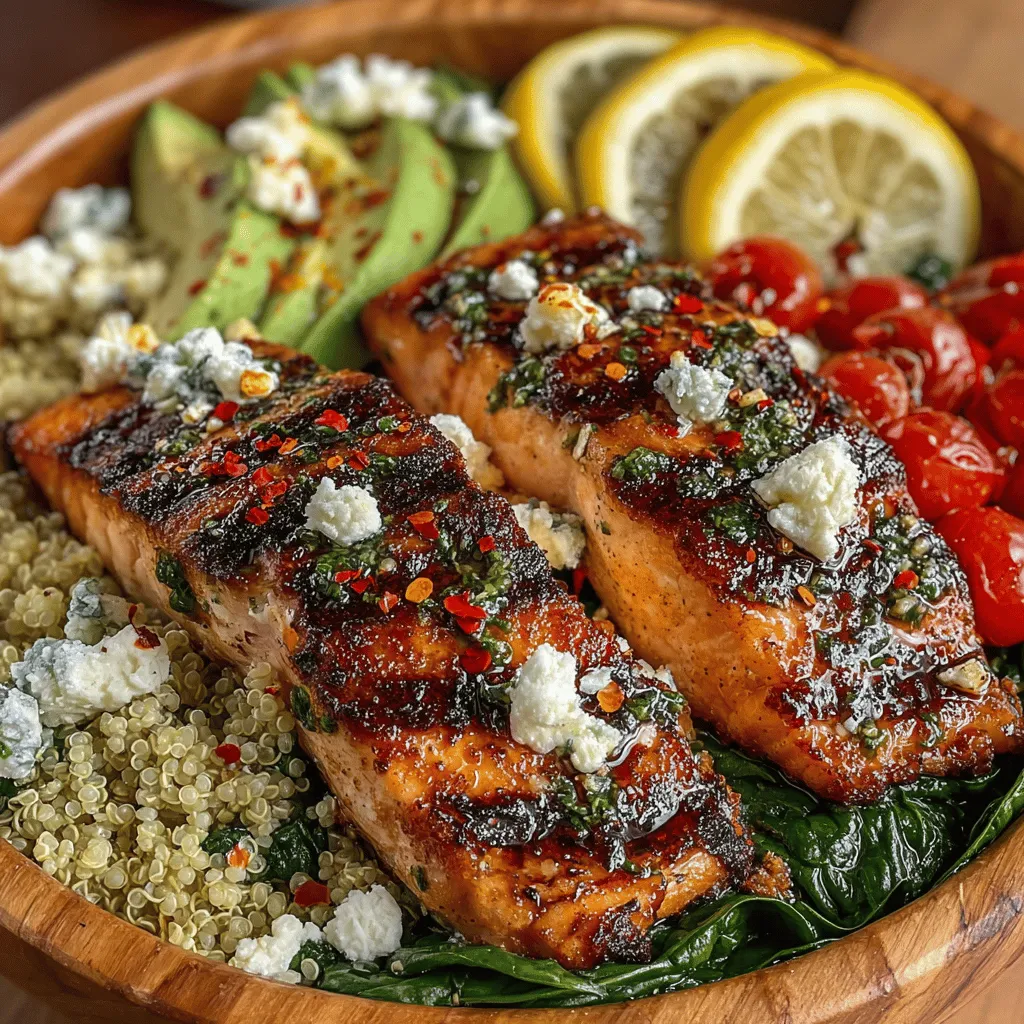 - 4 salmon fillets (6 oz each) - 2 lemons (zest and juice) - 3 tablespoons olive oil - 1 tablespoon fresh dill, chopped - 1 tablespoon fresh parsley, chopped - 3 cloves garlic, minced - 1 tablespoon honey - Salt and pepper, to taste - 1 cup quinoa or brown rice (cooked) - 2 cups fresh spinach - 1 avocado, sliced - 1 cup cherry tomatoes, halved - ½ cup feta cheese, crumbled