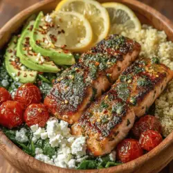 - 4 salmon fillets (6 oz each) - 2 lemons (zest and juice) - 3 tablespoons olive oil - 1 tablespoon fresh dill, chopped - 1 tablespoon fresh parsley, chopped - 3 cloves garlic, minced - 1 tablespoon honey - Salt and pepper, to taste - 1 cup quinoa or brown rice (cooked) - 2 cups fresh spinach - 1 avocado, sliced - 1 cup cherry tomatoes, halved - ½ cup feta cheese, crumbled