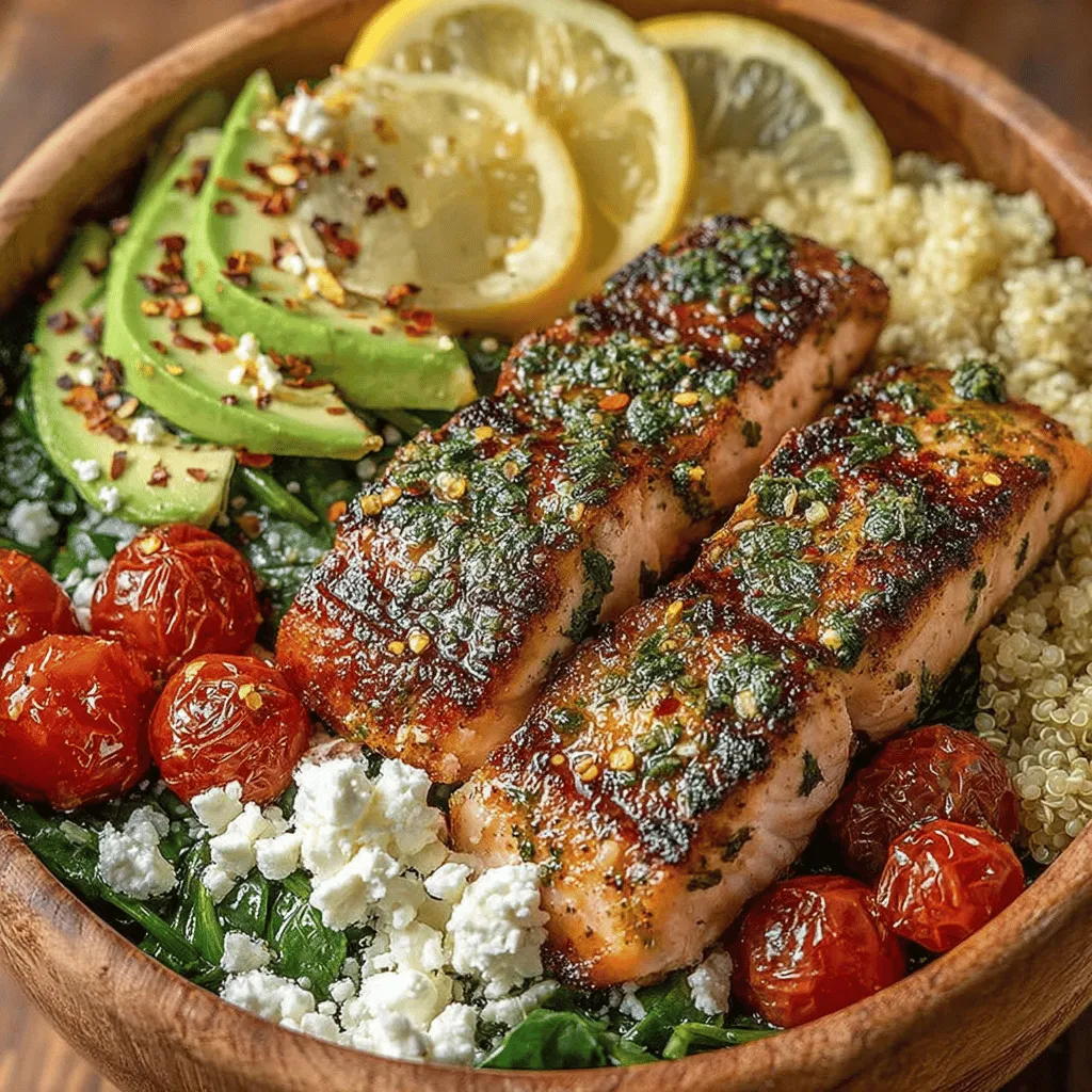 - 4 salmon fillets (6 oz each) - 2 lemons (zest and juice) - 3 tablespoons olive oil - 1 tablespoon fresh dill, chopped - 1 tablespoon fresh parsley, chopped - 3 cloves garlic, minced - 1 tablespoon honey - Salt and pepper, to taste - 1 cup quinoa or brown rice (cooked) - 2 cups fresh spinach - 1 avocado, sliced - 1 cup cherry tomatoes, halved - ½ cup feta cheese, crumbled