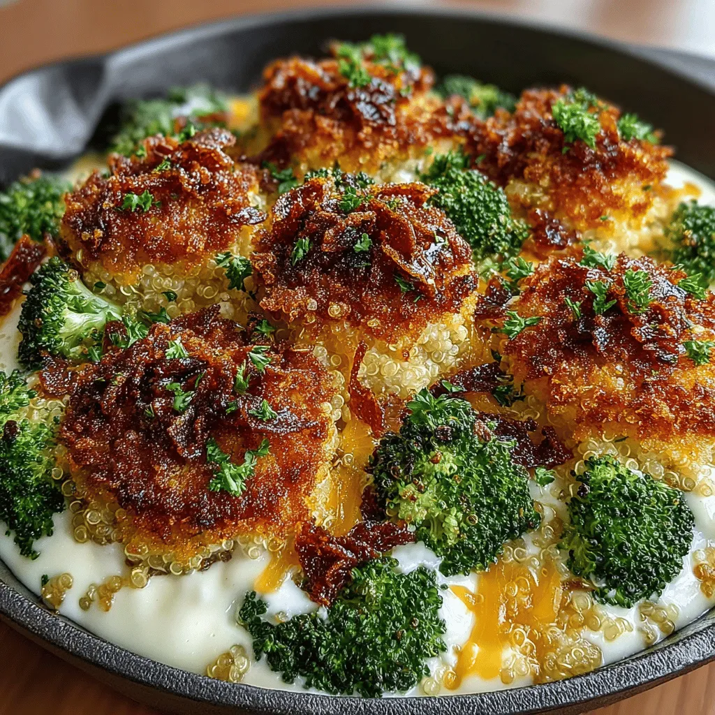 - 1 cup quinoa - 2 cups vegetable broth or water - 2 cups fresh broccoli florets (or 1 cup frozen broccoli) - 1 cup sharp cheddar cheese, shredded - 1/2 cup Greek yogurt - 1 teaspoon garlic powder - 1 teaspoon onion powder - 1/2 teaspoon smoked paprika - Salt and pepper to taste - Olive oil for drizzling (optional)