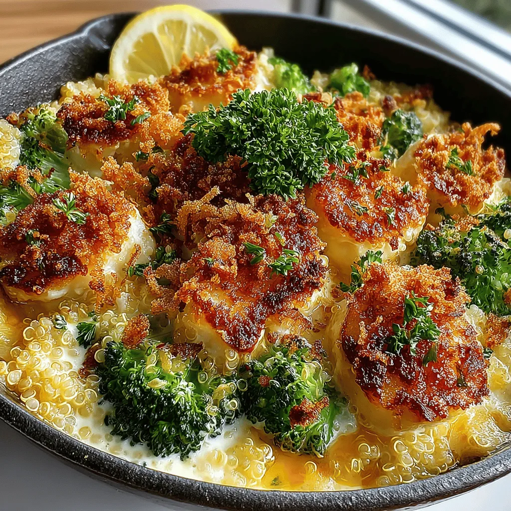 - 1 cup quinoa - 2 cups vegetable broth or water - 2 cups fresh broccoli florets (or 1 cup frozen broccoli) - 1 cup sharp cheddar cheese, shredded - 1/2 cup Greek yogurt - 1 teaspoon garlic powder - 1 teaspoon onion powder - 1/2 teaspoon smoked paprika - Salt and pepper to taste - Olive oil for drizzling (optional)