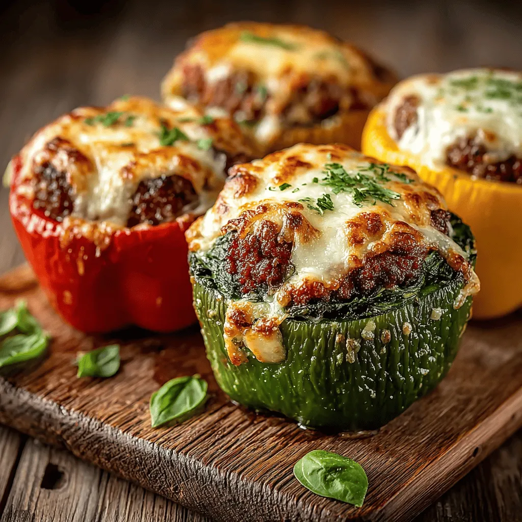 - 4 large bell peppers (any color: red, yellow, green, or orange) - 1 pound lean ground beef - 2 cups fresh spinach, chopped - 1 cup cooked rice (white or brown) - 1 onion, finely chopped - 3 cloves garlic, minced - 1 teaspoon Italian seasoning - 1 teaspoon paprika - 1 cup shredded cheese (cheddar or mozzarella) - Salt and pepper, to taste - Olive oil for cooking
