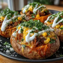 Cheesy Pulled Pork Stuffed Sweet Potatoes