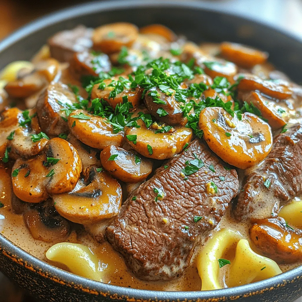 - 1 pound beef sirloin, sliced into thin strips - 8 ounces egg noodles - 1 medium onion, finely chopped - 2 cloves garlic, minced - 8 ounces mushrooms, sliced (cremini or button mushrooms work well) - 2 cups beef broth - 1 cup sour cream - 2 tablespoons Worcestershire sauce - 1 tablespoon Dijon mustard - Salt and pepper to taste - 2 tablespoons olive oil - Fresh parsley, chopped (for garnish)
