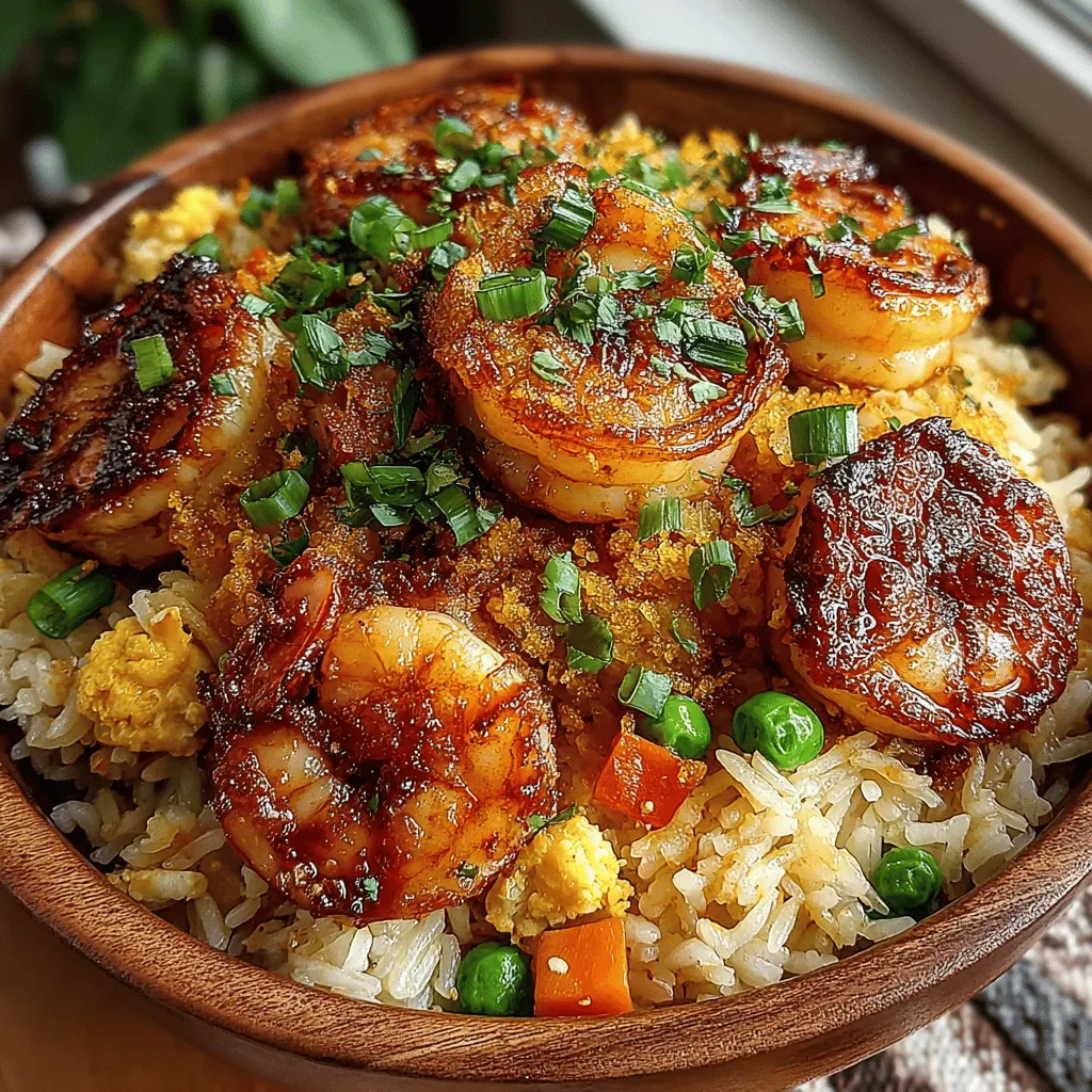 - 2 cups uncooked jasmine rice - 1 cup frozen peas and carrots mix - 1 pound medium shrimp, peeled and deveined - 3 tablespoons soy sauce - 1 tablespoon oyster sauce - 2 tablespoons vegetable or sesame oil - 3 cloves garlic, minced - 2 green onions, chopped (for garnish) - 1 egg (optional)