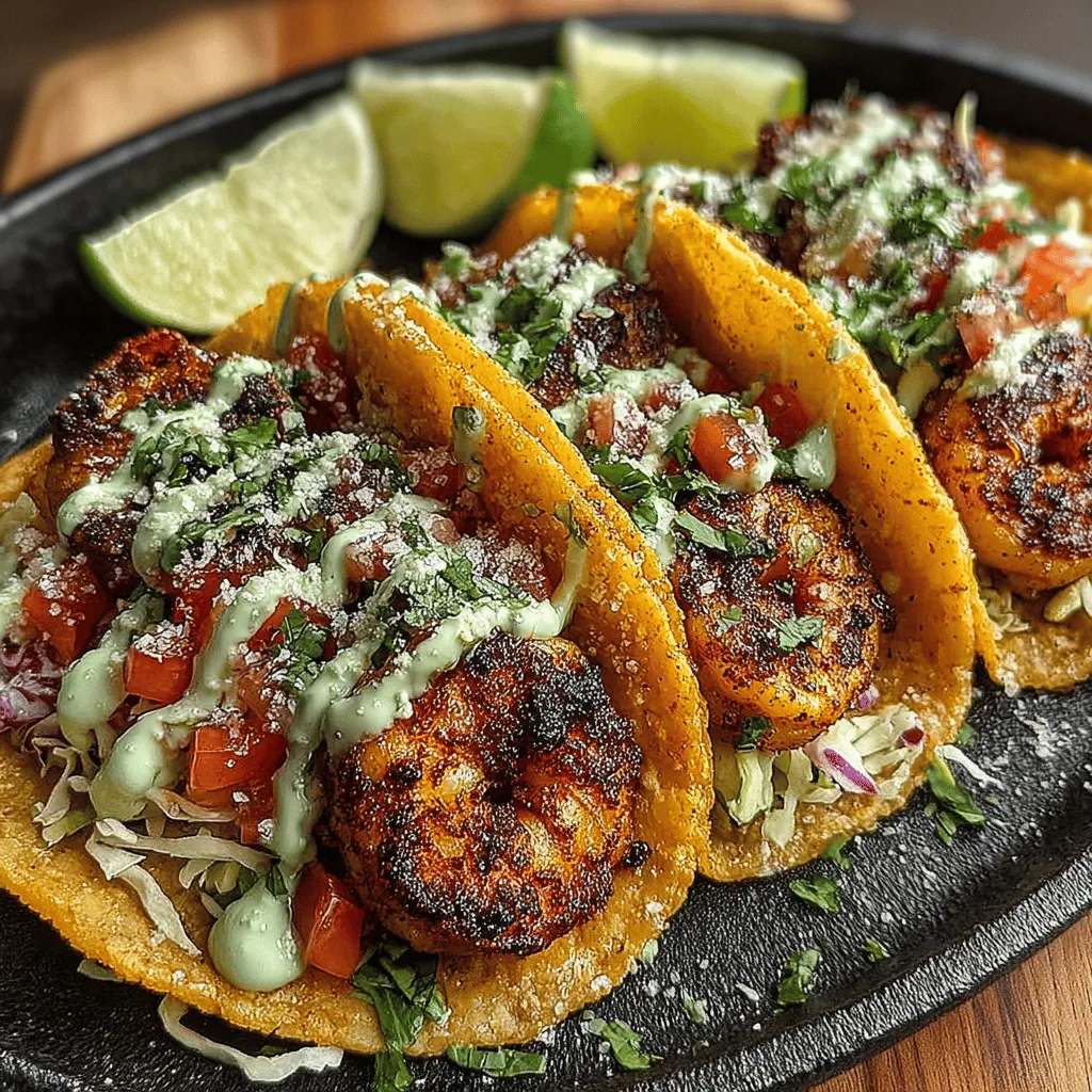 - 1 pound shrimp, peeled and deveined - 1 tablespoon olive oil - 1 teaspoon chili powder - 1 teaspoon cumin - 1/2 teaspoon garlic powder - Salt and pepper to taste - 8 small corn tortillas - 1 cup shredded cabbage - 1 ripe avocado - 1/4 cup sour cream - 1 tablespoon lime juice - Fresh cilantro, for garnish - Lime wedges, for serving