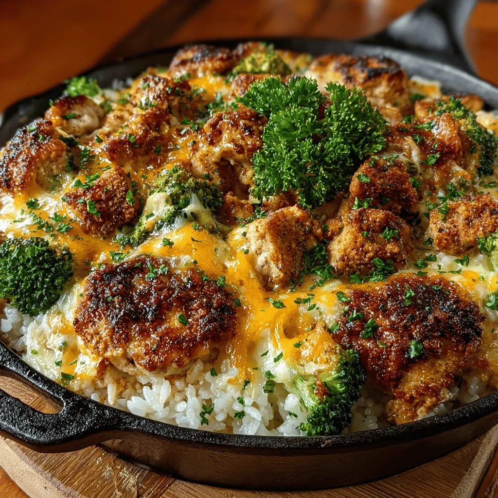 - 2 boneless, skinless chicken breasts, diced - 1 cup long-grain white rice - 2 cups low-sodium chicken broth - 2 cups fresh broccoli florets - 1 cup shredded cheddar cheese - 1 small onion, diced - 2 cloves garlic, minced - 1 teaspoon paprika - Salt and pepper to taste - 2 tablespoons olive oil