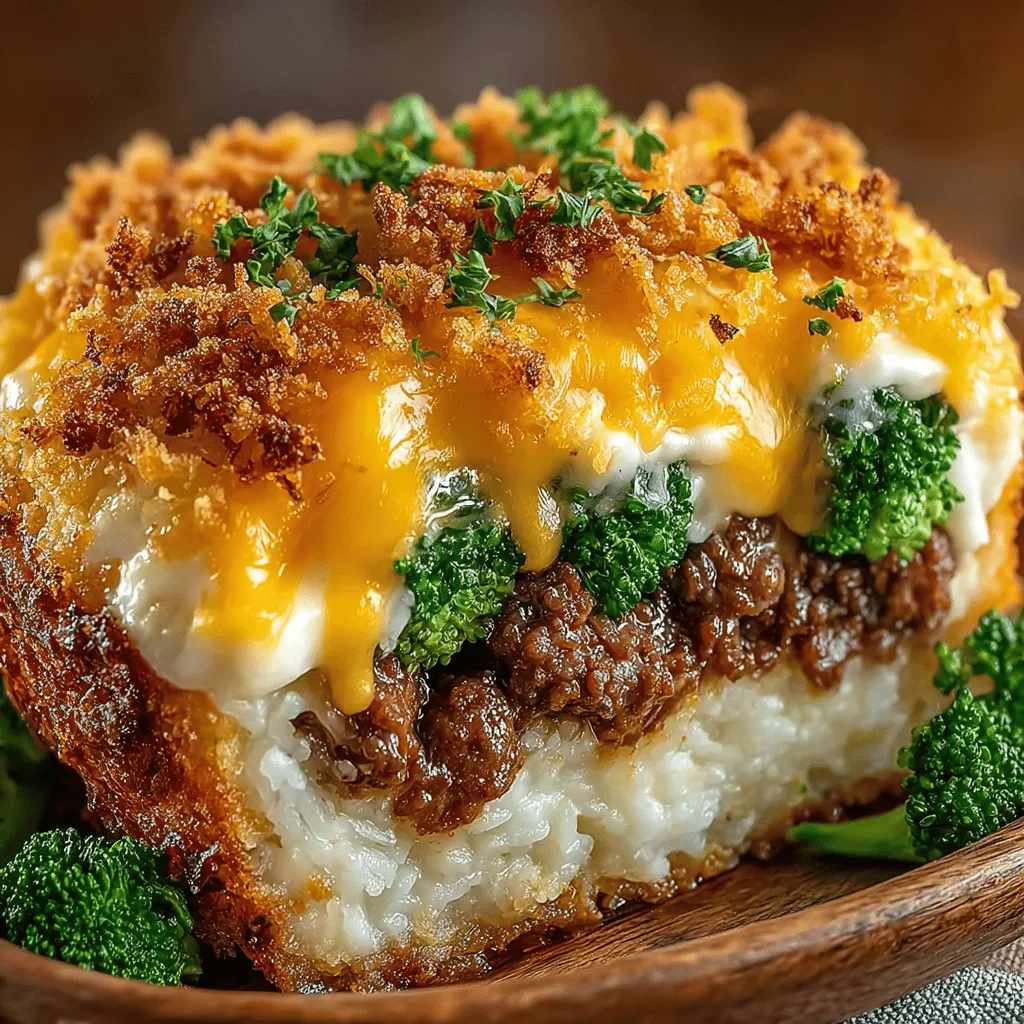 - 1 pound ground beef - 2 cups fresh broccoli florets - 1 cup rice (white or brown) - 1 can (10.5 oz) cream of mushroom soup - 1 cup shredded cheddar cheese (sharp or mild) - 1/2 cup milk - 2 tablespoons Worcestershire sauce - 1 teaspoon garlic powder - 1 teaspoon onion powder - Salt and pepper to taste - Optional: 1/2 cup panko breadcrumbs for topping