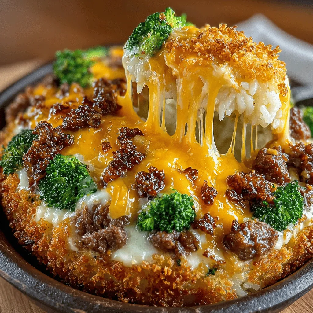- 1 pound ground beef - 2 cups fresh broccoli florets - 1 cup rice (white or brown) - 1 can (10.5 oz) cream of mushroom soup - 1 cup shredded cheddar cheese (sharp or mild) - 1/2 cup milk - 2 tablespoons Worcestershire sauce - 1 teaspoon garlic powder - 1 teaspoon onion powder - Salt and pepper to taste - Optional: 1/2 cup panko breadcrumbs for topping