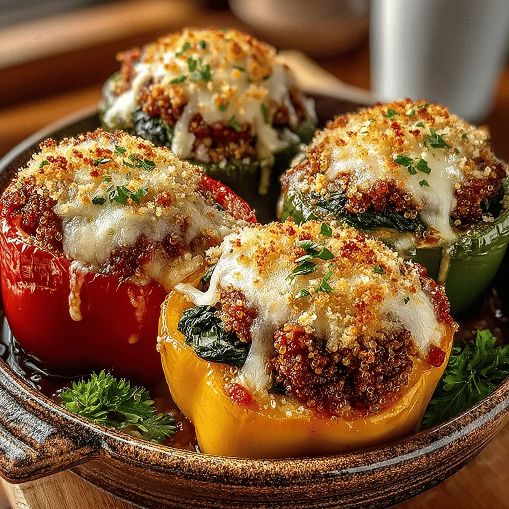 - 4 large bell peppers (any color) - 1 pound ground turkey - 2 cups fresh spinach, chopped - 1 cup cooked quinoa or rice - 1 cup marinara sauce - 1 cup shredded mozzarella cheese - 1 small onion, diced - 2 cloves garlic, minced - 1 teaspoon Italian seasoning - Salt and pepper to taste - Olive oil for cooking
