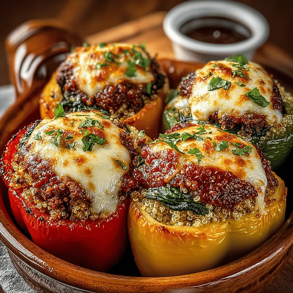 - 4 large bell peppers (any color) - 1 pound ground turkey - 2 cups fresh spinach, chopped - 1 cup cooked quinoa or rice - 1 cup marinara sauce - 1 cup shredded mozzarella cheese - 1 small onion, diced - 2 cloves garlic, minced - 1 teaspoon Italian seasoning - Salt and pepper to taste - Olive oil for cooking