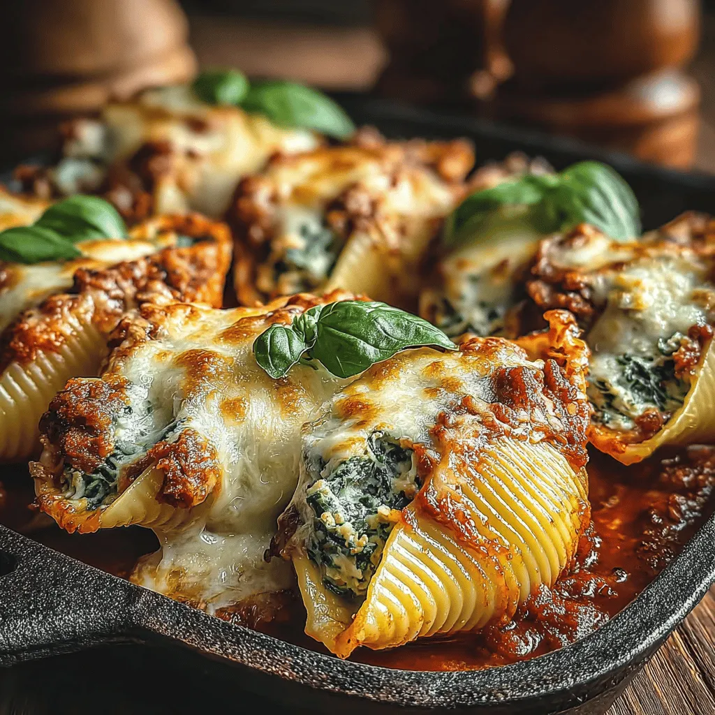 - 12 jumbo pasta shells - 1 pound ground turkey - 2 cups fresh spinach, chopped - 1 cup ricotta cheese - 1 cup shredded mozzarella cheese - 1/2 cup grated Parmesan cheese - 2 cloves garlic, minced - 1 teaspoon Italian seasoning - Salt and pepper, to taste - 2 cups marinara sauce - Olive oil, for sautéing